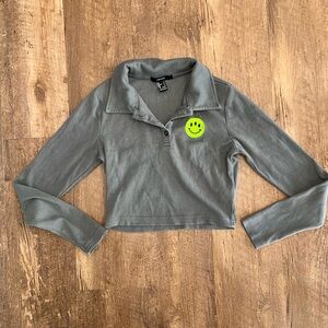 Forever21 Grey Cropped Top Polo with Green Smiley Face